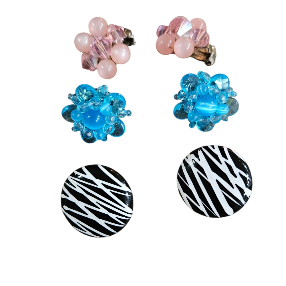 VINTAGE Clip Earrings SET OF 3 pink, Blue, Black And White MOONGLOW AMD AB